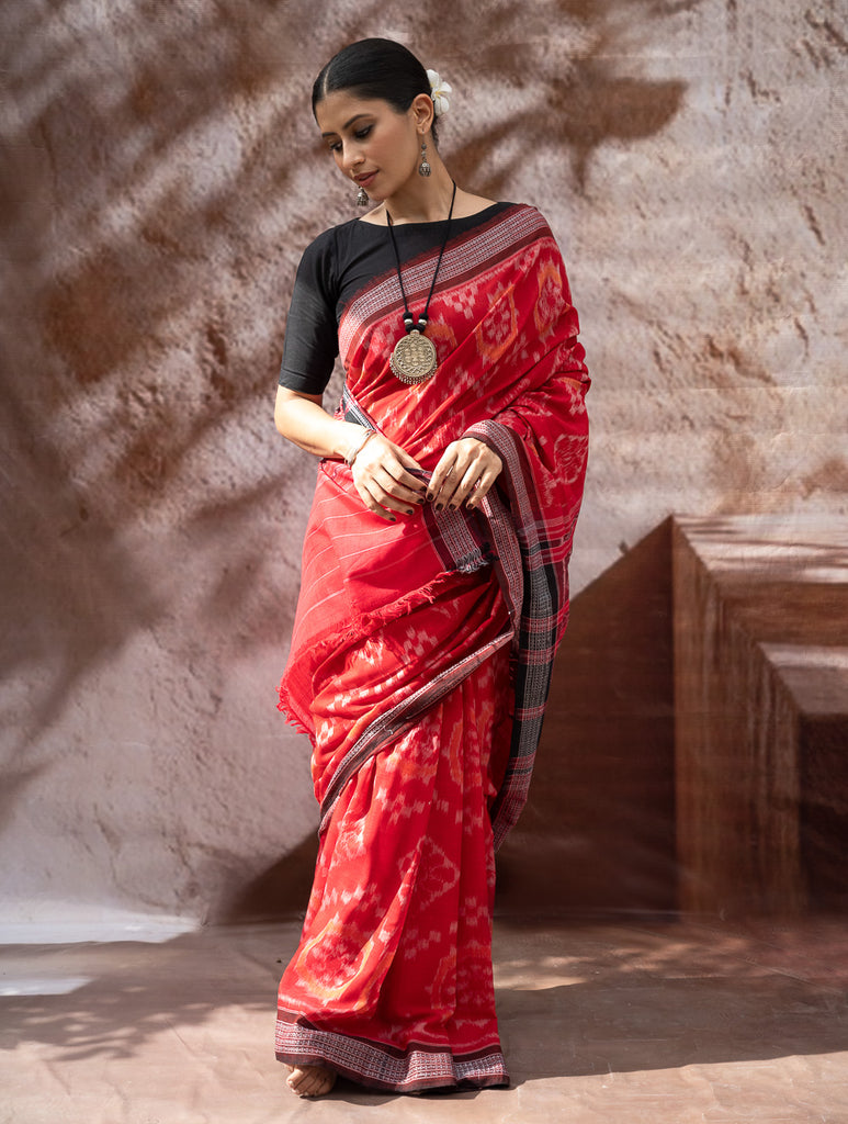 Sambalpuri Handwoven Ikat Soft Cotton Saree - Bandha Rekha