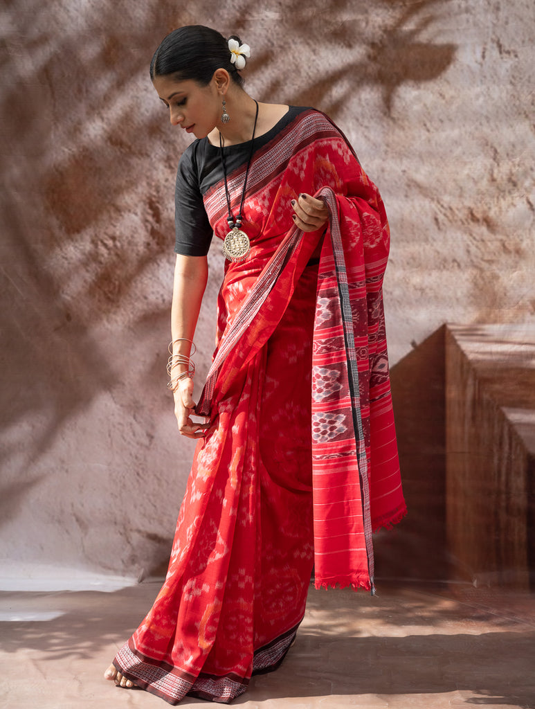 Sambalpuri Handwoven Ikat Soft Cotton Saree - Bandha Rekha