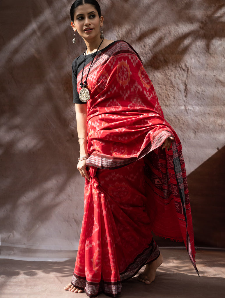 Sambalpuri Handwoven Ikat Soft Cotton Saree - Bandha Rekha