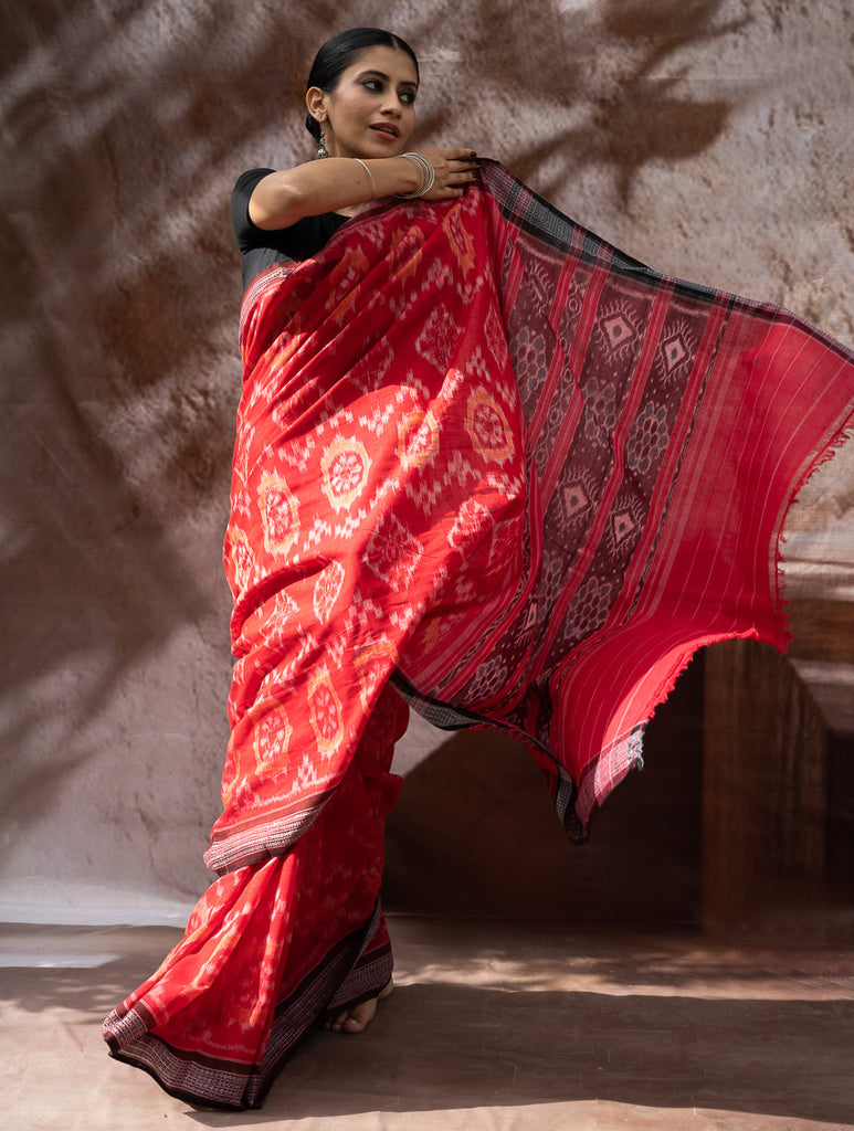 Sambalpuri Handwoven Ikat Soft Cotton Saree - Bandha Rekha