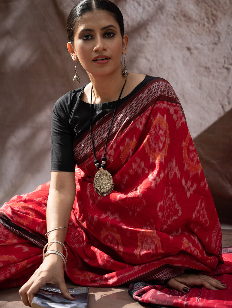 Sambalpuri Handwoven Ikat Soft Cotton Saree - Bandha Rekha