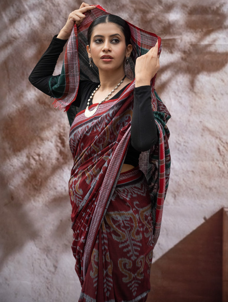 Sambalpuri Handwoven Ikat Soft Cotton Saree - Forest Flame