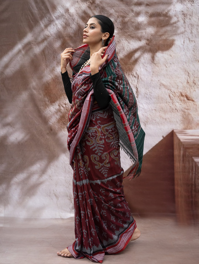Sambalpuri Handwoven Ikat Soft Cotton Saree - Forest Flame
