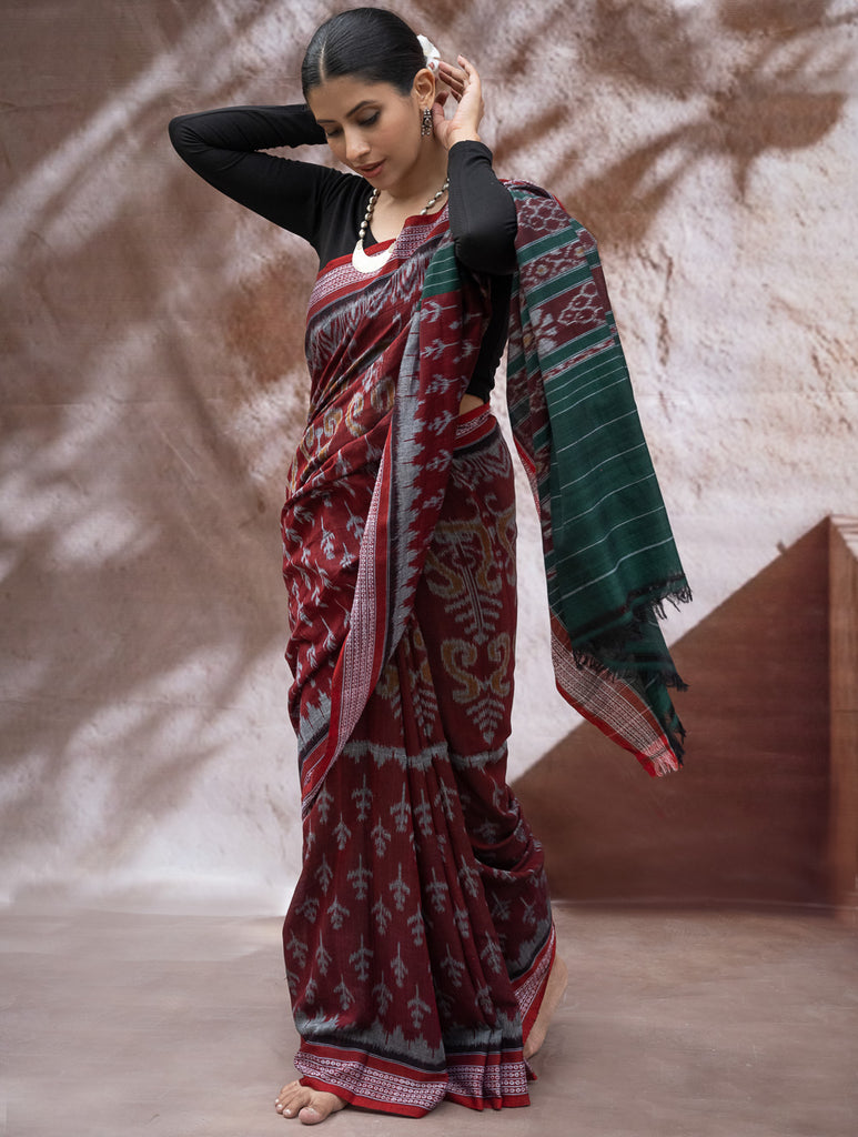 Sambalpuri Handwoven Ikat Soft Cotton Saree - Forest Flame