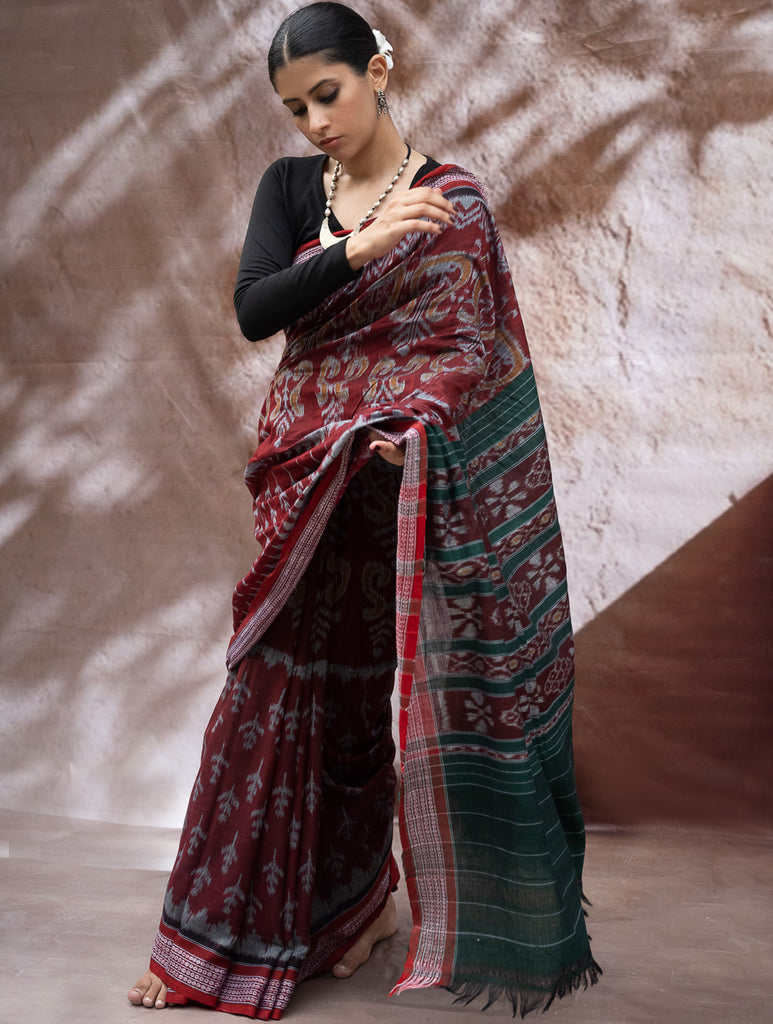 Sambalpuri Handwoven Ikat Soft Cotton Saree - Forest Flame