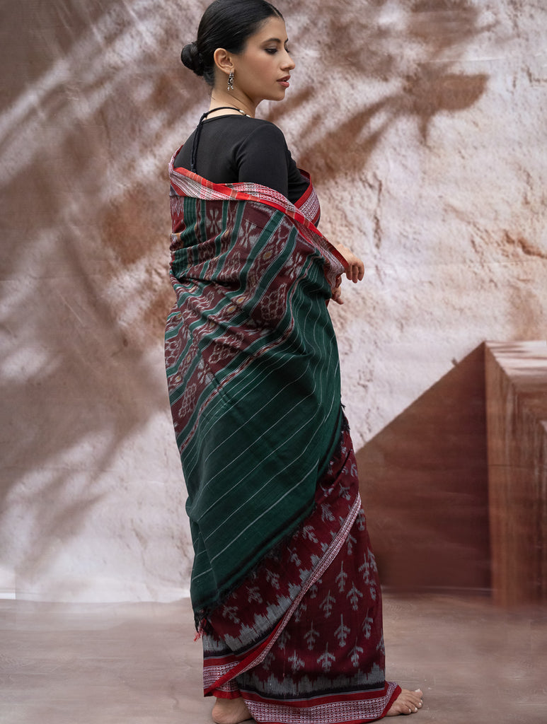Sambalpuri Handwoven Ikat Soft Cotton Saree - Forest Flame