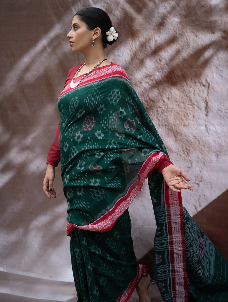Sambalpuri Handwoven Ikat Soft Cotton Saree - Harita Roop