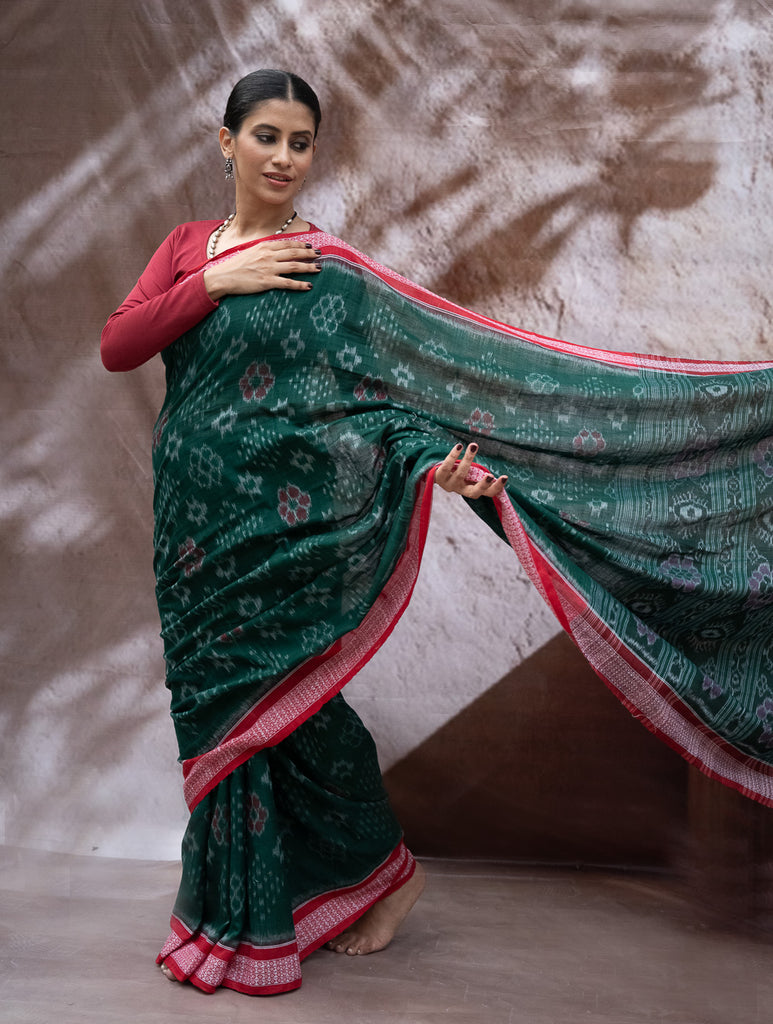 Sambalpuri Handwoven Ikat Soft Cotton Saree - Harita Roop