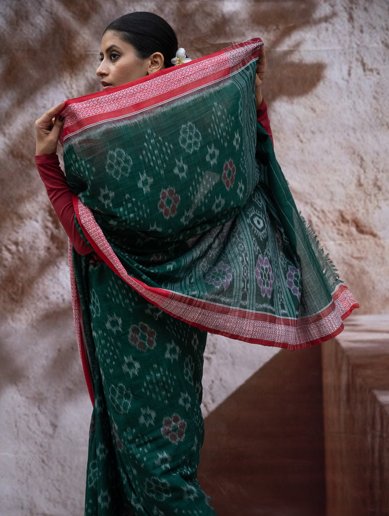 Sambalpuri Handwoven Ikat Soft Cotton Saree - Harita Roop