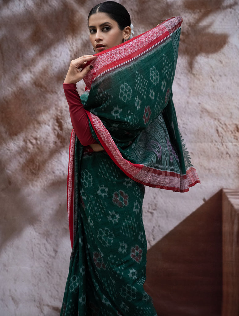 Sambalpuri Handwoven Ikat Soft Cotton Saree - Harita Roop