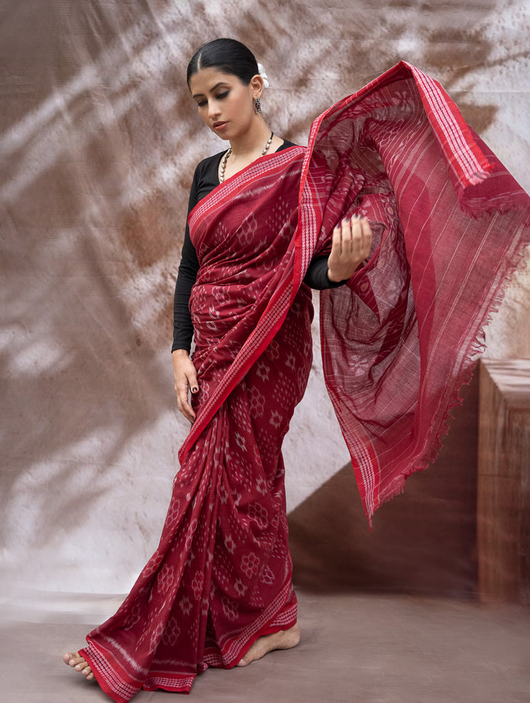 Sambalpuri Handwoven Ikat Soft Cotton Saree - Kalinga Red