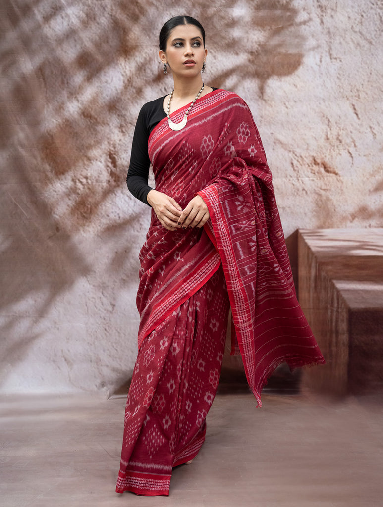 Sambalpuri Handwoven Ikat Soft Cotton Saree - Kalinga Red
