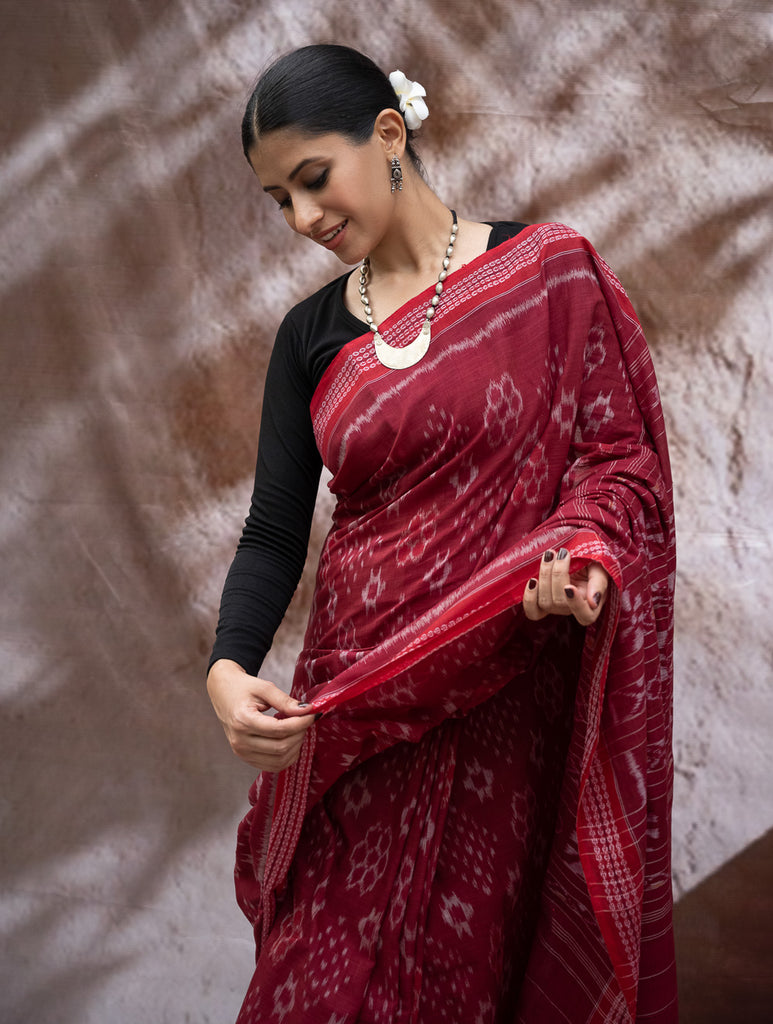 Sambalpuri Handwoven Ikat Soft Cotton Saree - Kalinga Red