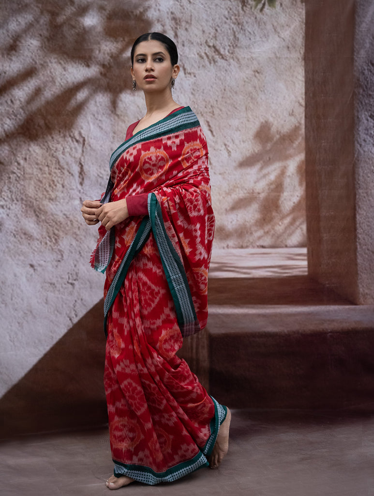 Sambalpuri Handwoven Ikat Soft Cotton Saree - Lal Chakra