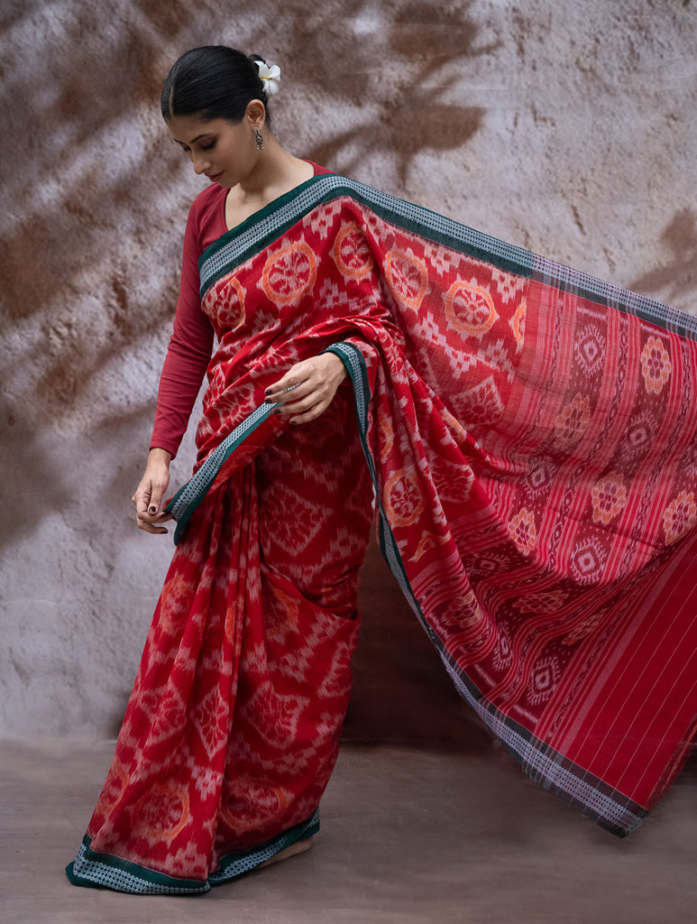 Sambalpuri Handwoven Ikat Soft Cotton Saree - Lal Chakra