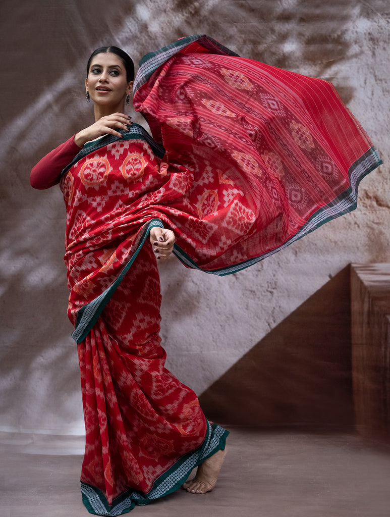 Sambalpuri Handwoven Ikat Soft Cotton Saree - Lal Chakra