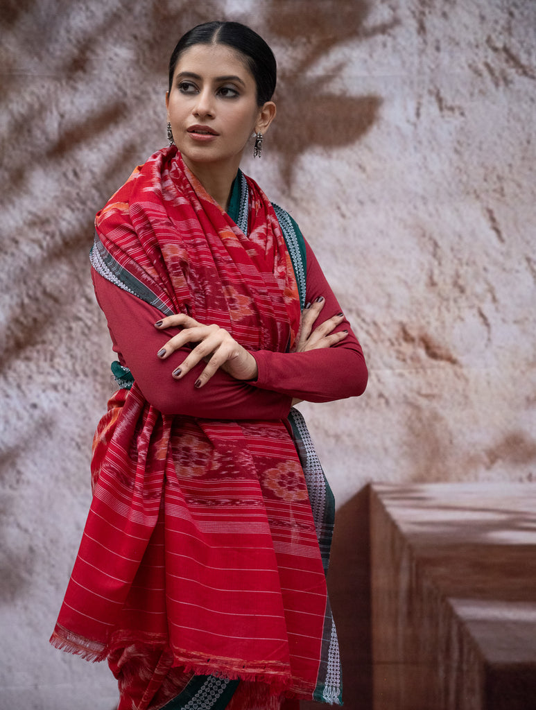 Sambalpuri Handwoven Ikat Soft Cotton Saree - Lal Chakra