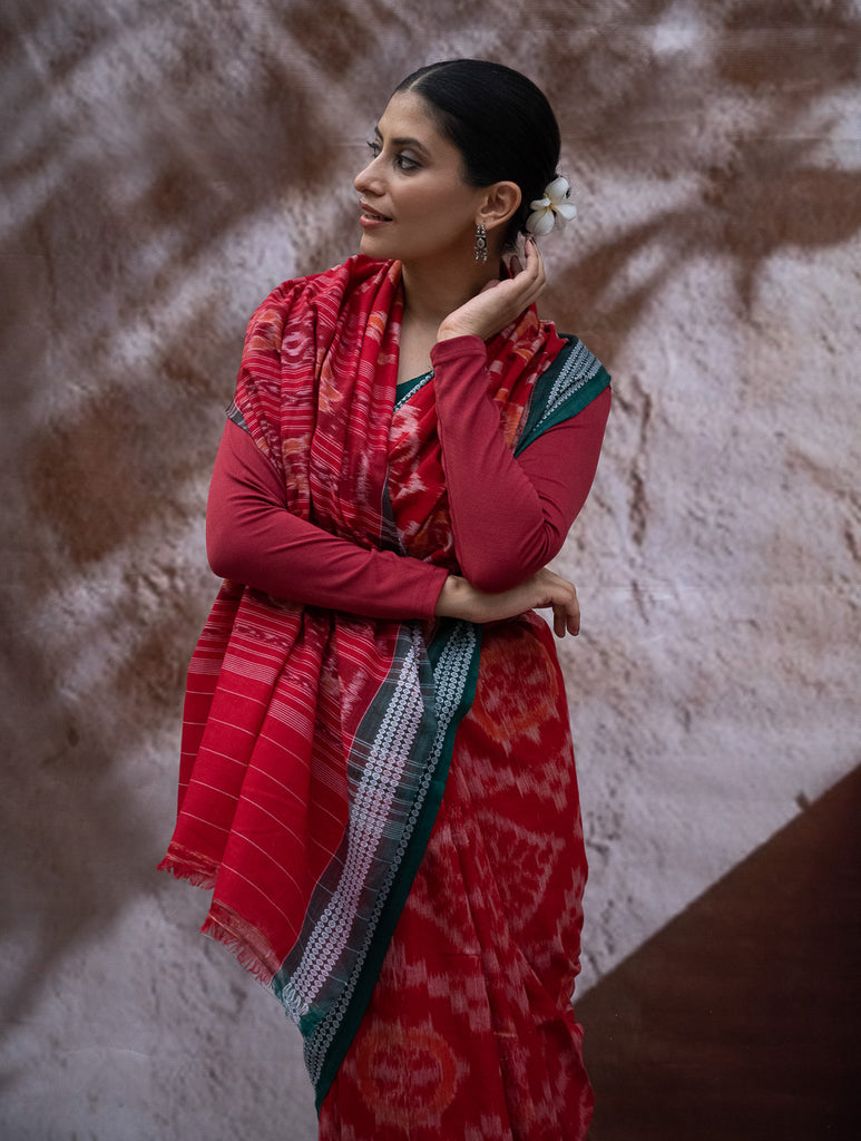 Sambalpuri Handwoven Ikat Soft Cotton Saree - Lal Chakra