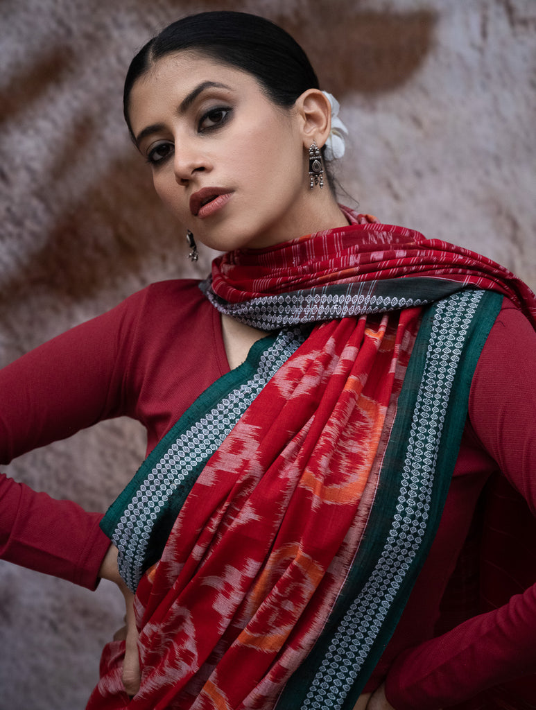Sambalpuri Handwoven Ikat Soft Cotton Saree - Lal Chakra