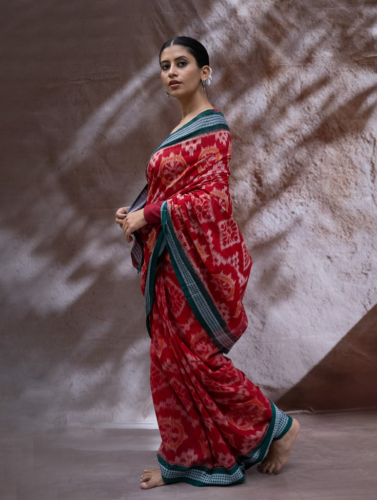 Sambalpuri Handwoven Ikat Soft Cotton Saree - Lal Chakra