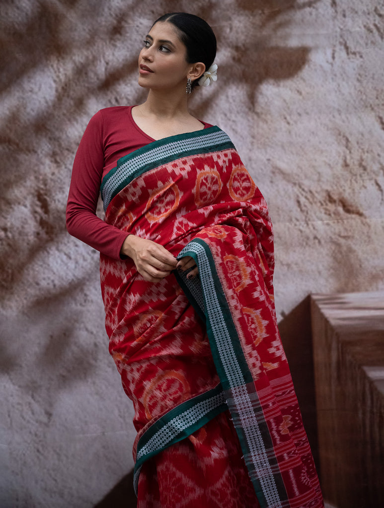 Sambalpuri Handwoven Ikat Soft Cotton Saree - Lal Chakra