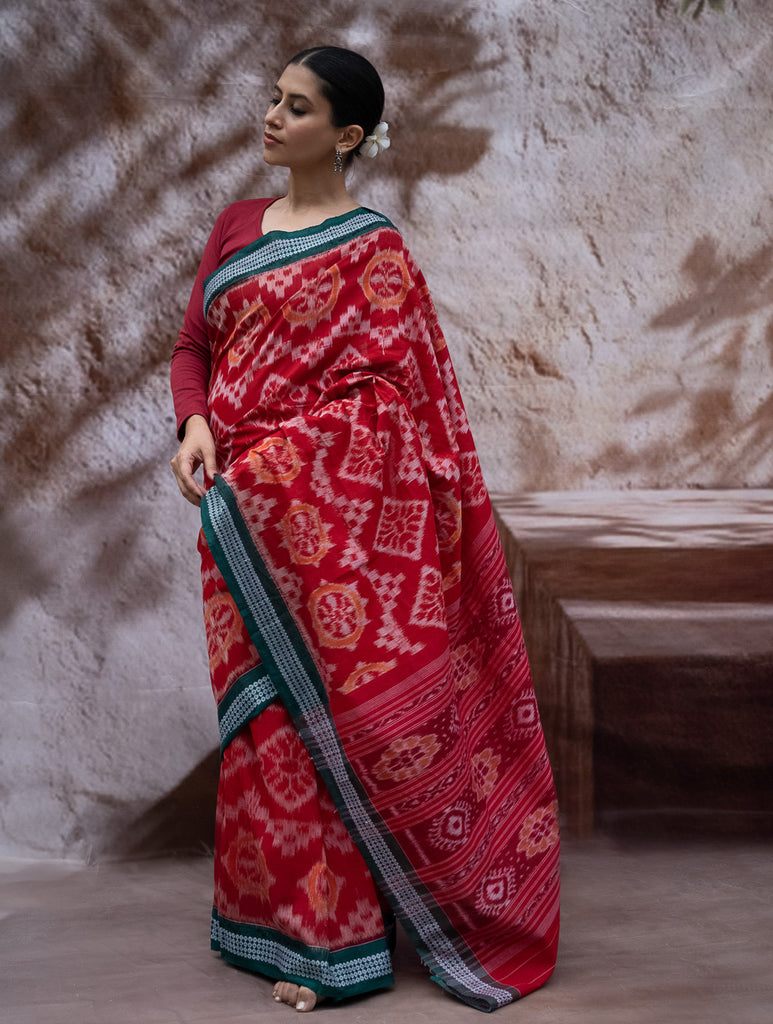 Sambalpuri Handwoven Ikat Soft Cotton Saree - Lal Chakra