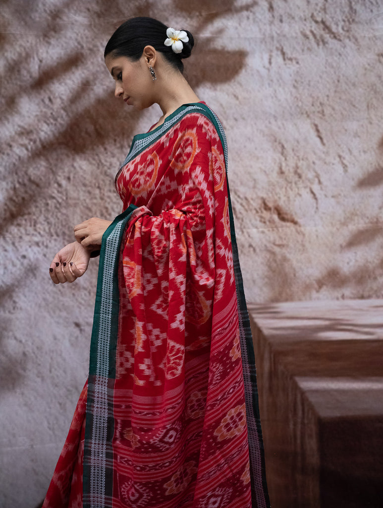 Sambalpuri Handwoven Ikat Soft Cotton Saree - Lal Chakra