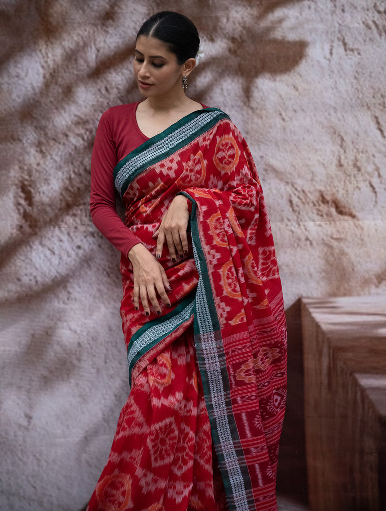 Sambalpuri Handwoven Ikat Soft Cotton Saree - Lal Chakra