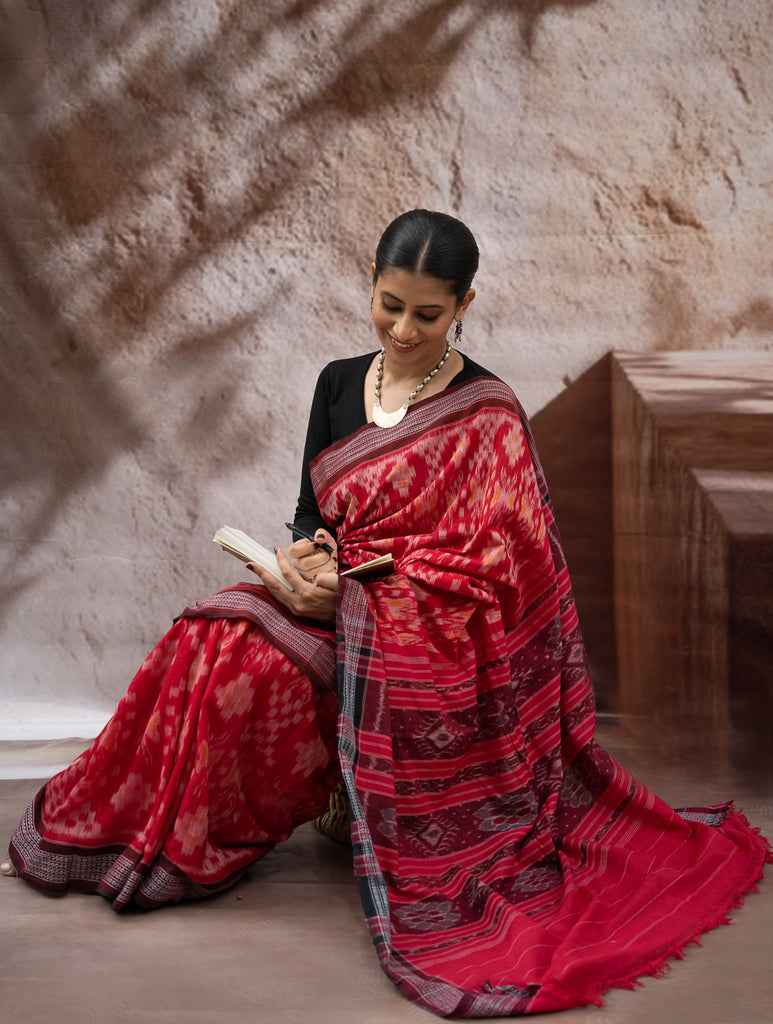 Sambalpuri Handwoven Ikat Soft Cotton Saree - Lal Paata