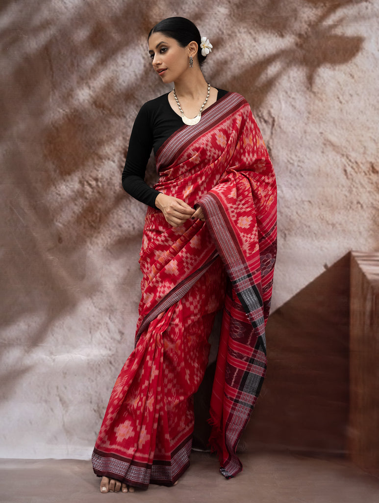 Sambalpuri Handwoven Ikat Soft Cotton Saree - Lal Paata
