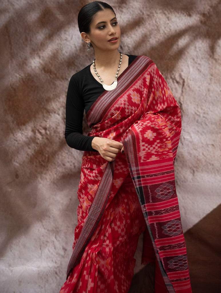 Sambalpuri Handwoven Ikat Soft Cotton Saree - Lal Paata