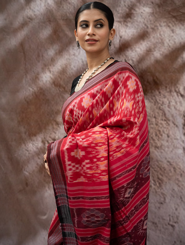 Sambalpuri Handwoven Ikat Soft Cotton Saree - Lal Paata