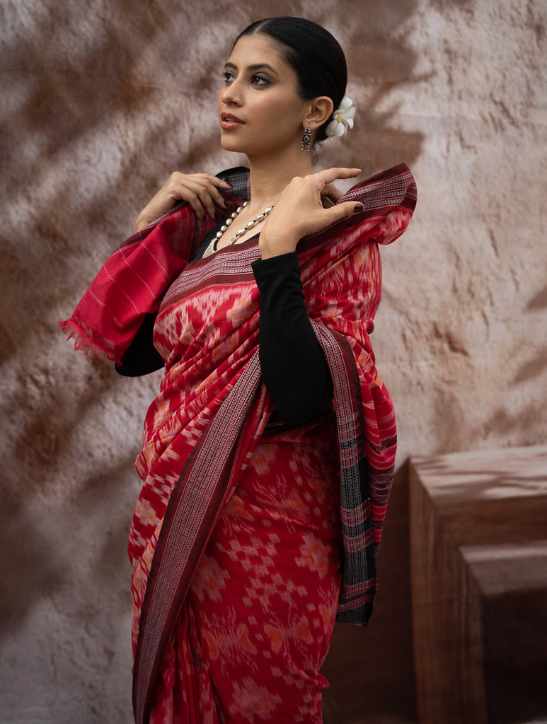 Sambalpuri Handwoven Ikat Soft Cotton Saree - Lal Paata