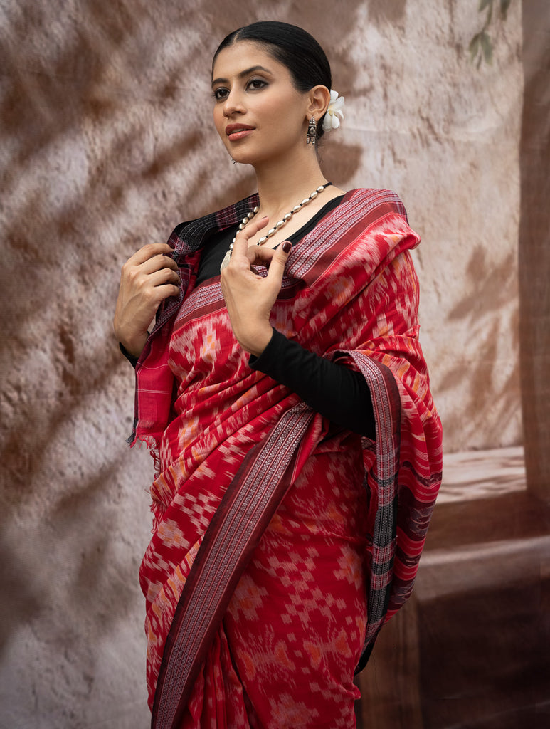 Sambalpuri Handwoven Ikat Soft Cotton Saree - Lal Paata