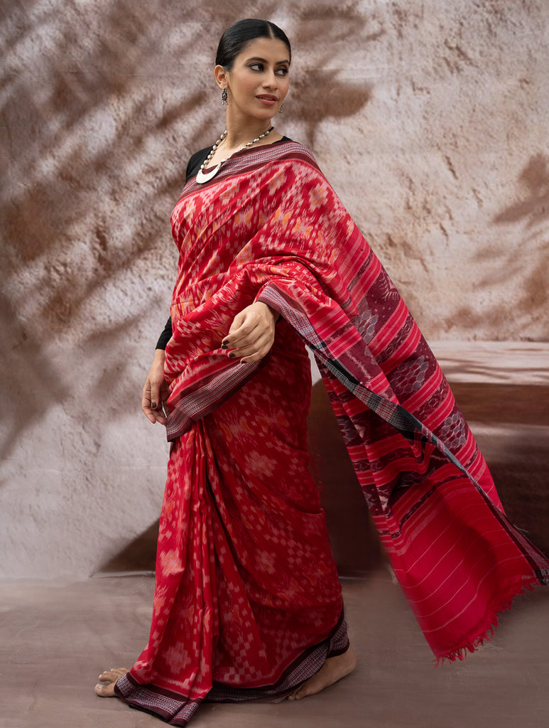 Sambalpuri Handwoven Ikat Soft Cotton Saree - Lal Paata