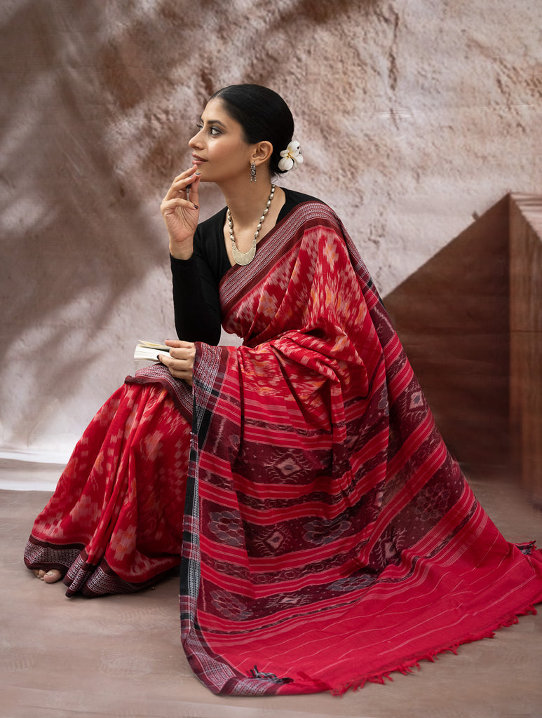 Sambalpuri Handwoven Ikat Soft Cotton Saree - Lal Paata