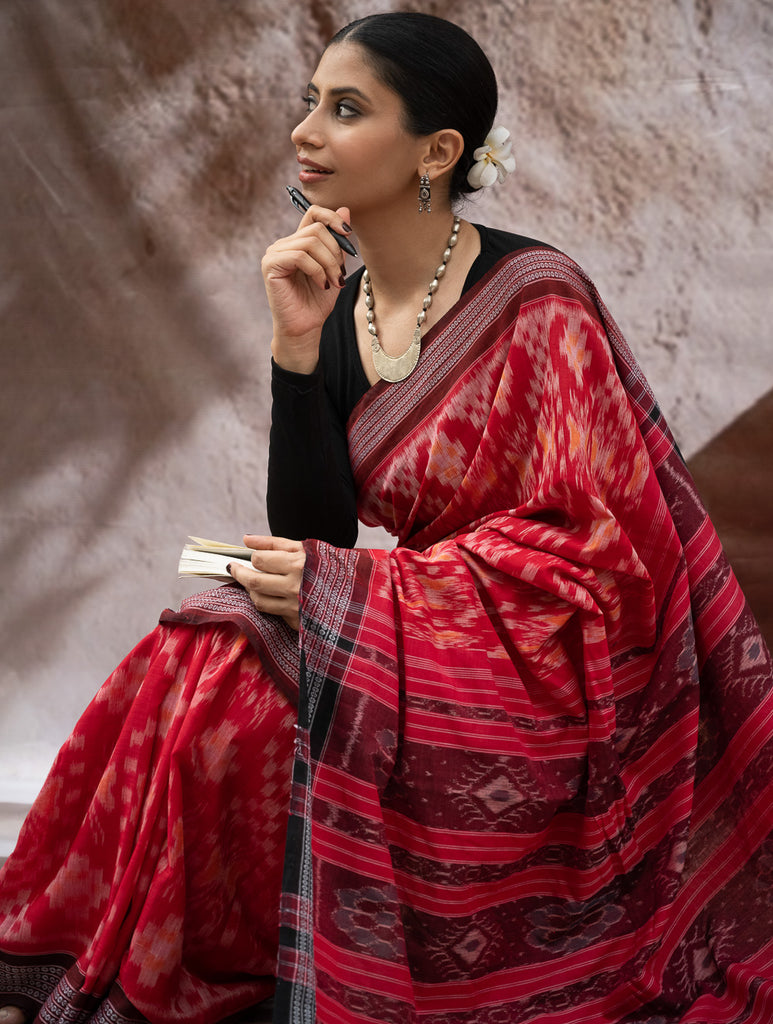 Sambalpuri Handwoven Ikat Soft Cotton Saree - Lal Paata