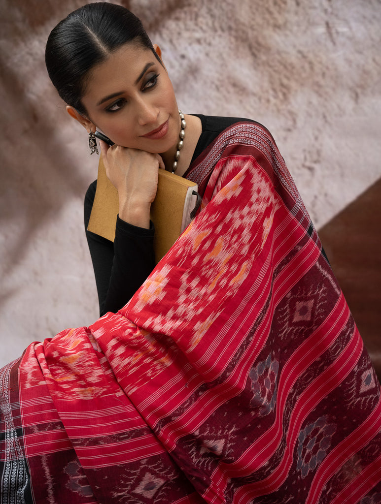 Sambalpuri Handwoven Ikat Soft Cotton Saree - Lal Paata