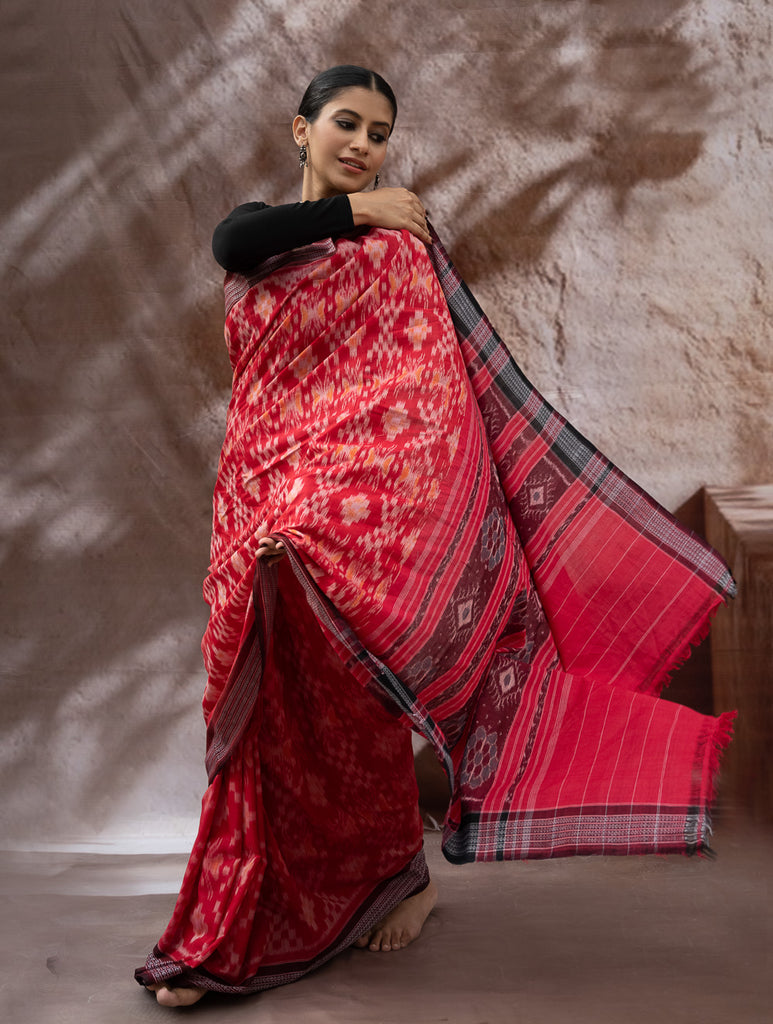Sambalpuri Handwoven Ikat Soft Cotton Saree - Lal Paata