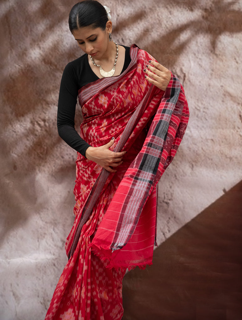 Sambalpuri Handwoven Ikat Soft Cotton Saree - Lal Paata