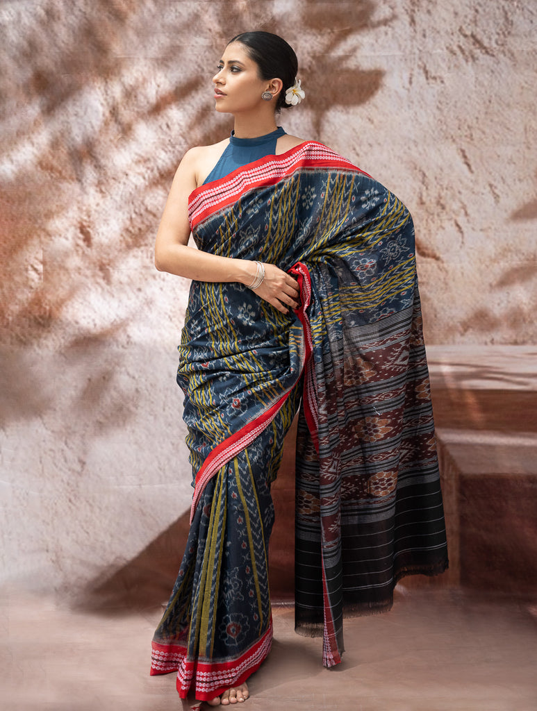 Sambalpuri Handwoven Ikat Soft Cotton Saree - Neel Pravaah