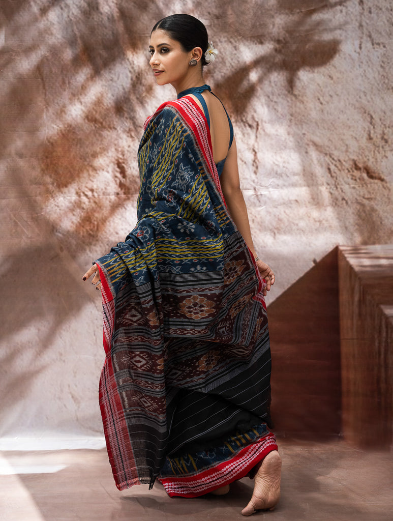 Sambalpuri Handwoven Ikat Soft Cotton Saree - Neel Pravaah