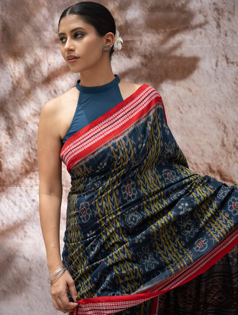 Sambalpuri Handwoven Ikat Soft Cotton Saree - Neel Pravaah