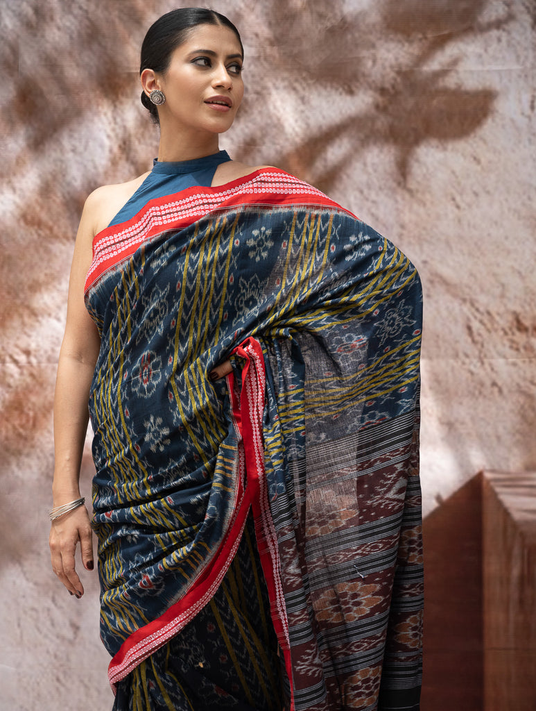 Sambalpuri Handwoven Ikat Soft Cotton Saree - Neel Pravaah