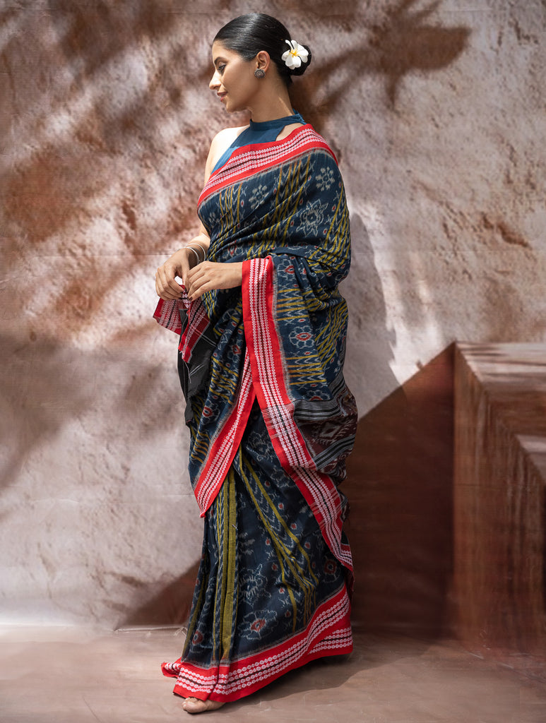 Sambalpuri Handwoven Ikat Soft Cotton Saree - Neel Pravaah
