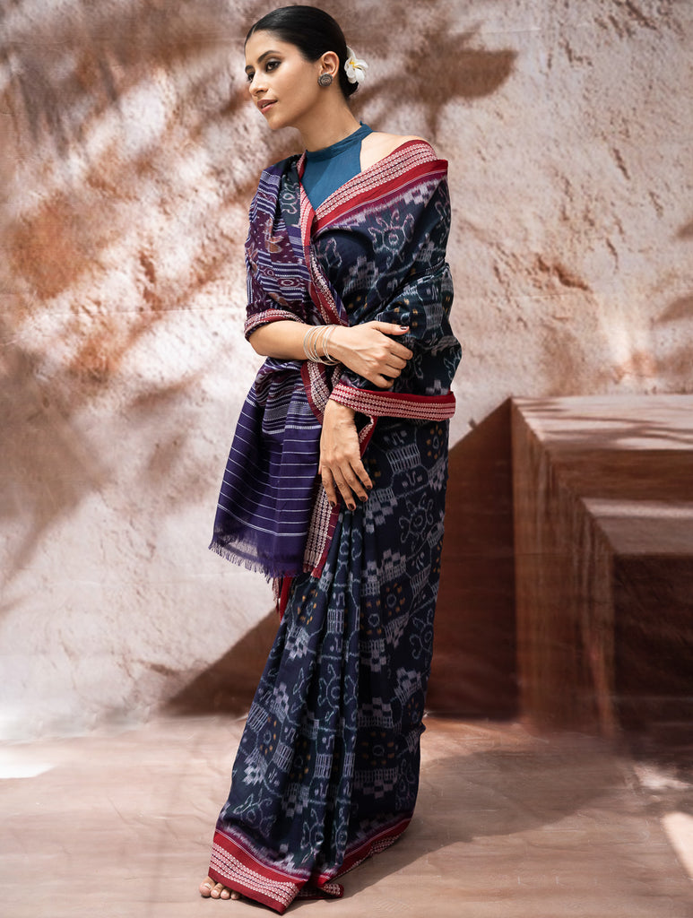 Sambalpuri Handwoven Ikat Soft Cotton Saree - Neel Rangavali