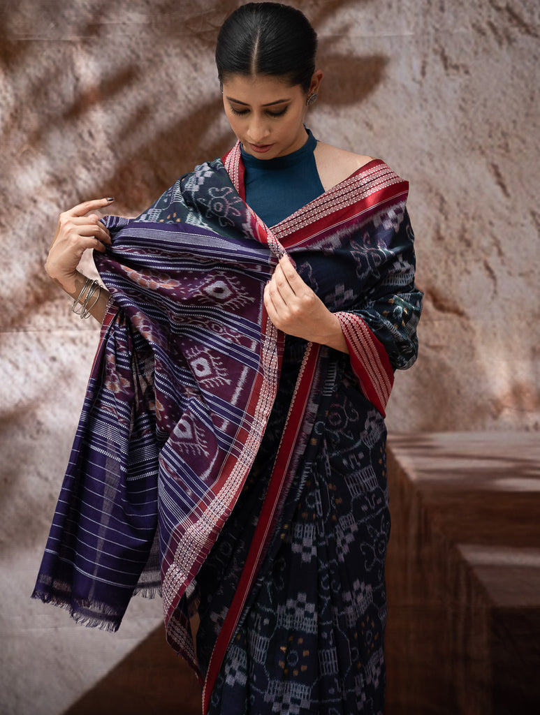 Sambalpuri Handwoven Ikat Soft Cotton Saree - Neel Rangavali
