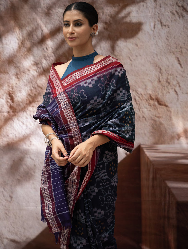 Sambalpuri Handwoven Ikat Soft Cotton Saree - Neel Rangavali