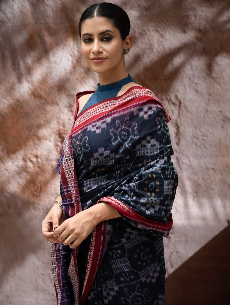 Sambalpuri Handwoven Ikat Soft Cotton Saree - Neel Rangavali
