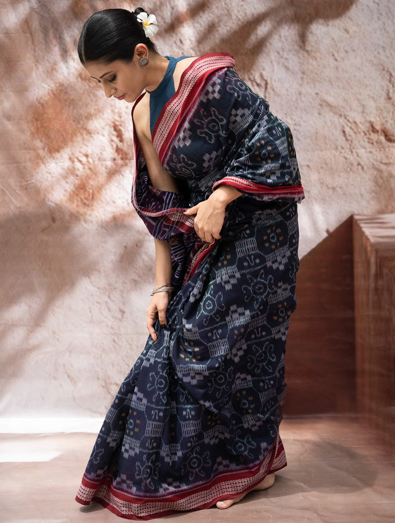 Sambalpuri Handwoven Ikat Soft Cotton Saree - Neel Rangavali
